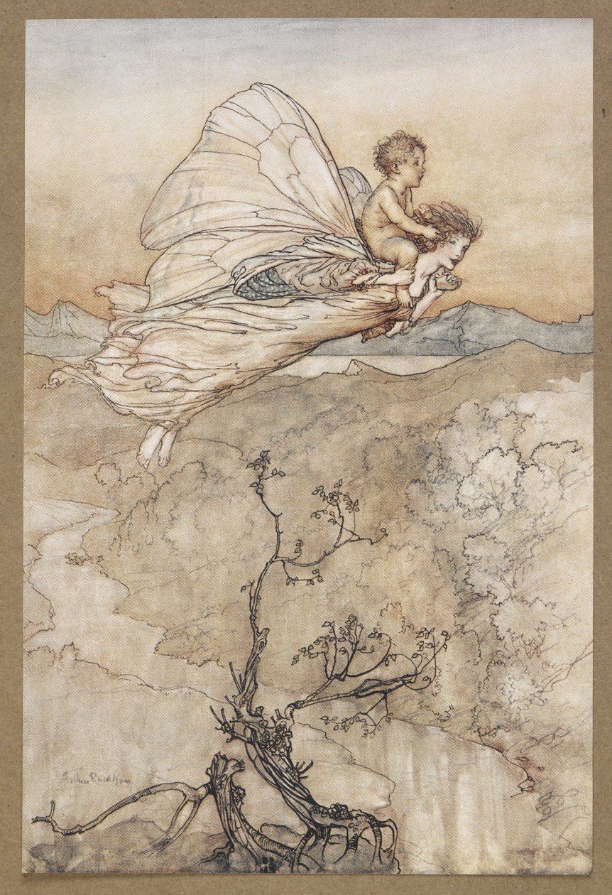 ...她的仙女派人把他带到我在仙境的花房"。
仙女带着长岭飞走了。仲夏夜之梦》中的一幕。 作者 亚瑟·拉克汉姆（Arthur Rackham）