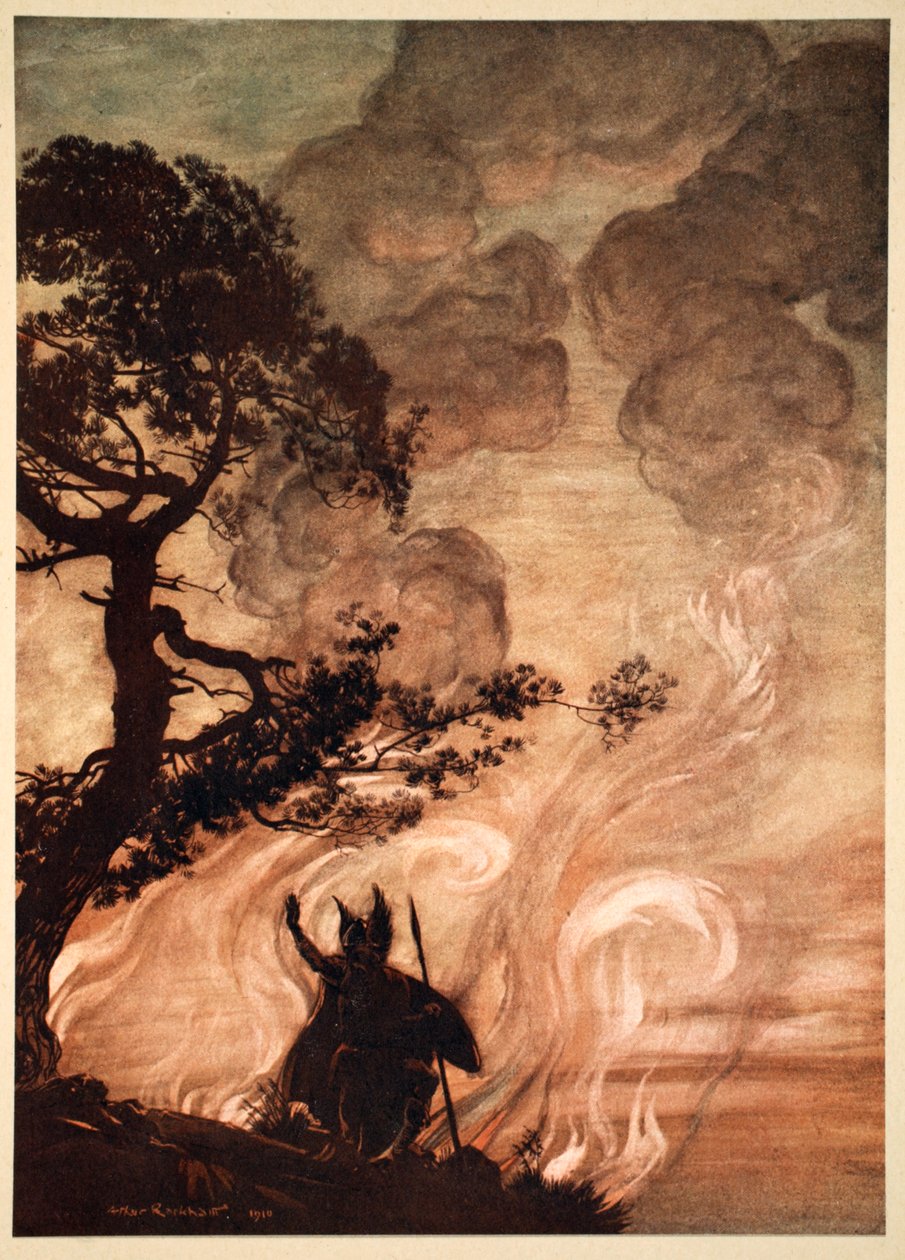 当他慢慢离开时，沃坦转过身来，悲伤地回望着布伦希尔德"，1910年。   作者 亚瑟·拉克汉姆（Arthur Rackham）