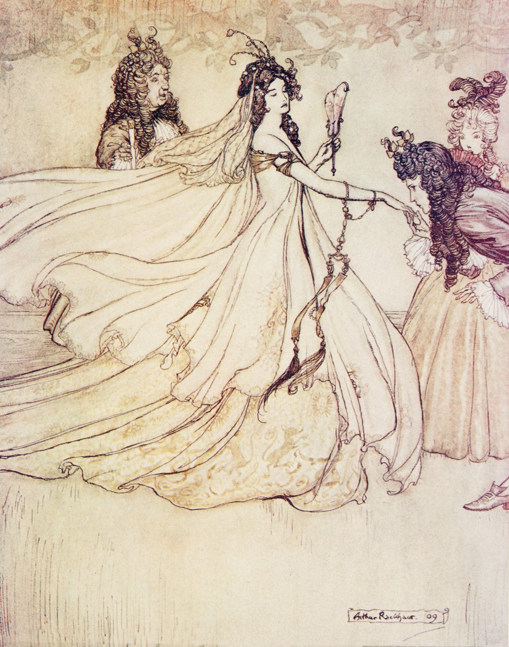 Ashenputtel从格林兄弟的童话故事中去了球。 1909年 作者 亚瑟·拉克汉姆（Arthur Rackham）