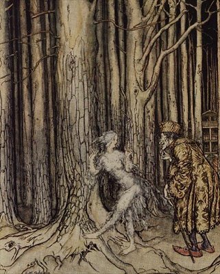 最后，她遇到了慢慢回来的新郎，1917年，格林兄弟的小弟弟，小姐妹的插图给了Fitchers Bird（wc，笔和墨水） 作者 亚瑟·拉克汉姆（Arthur Rackham）