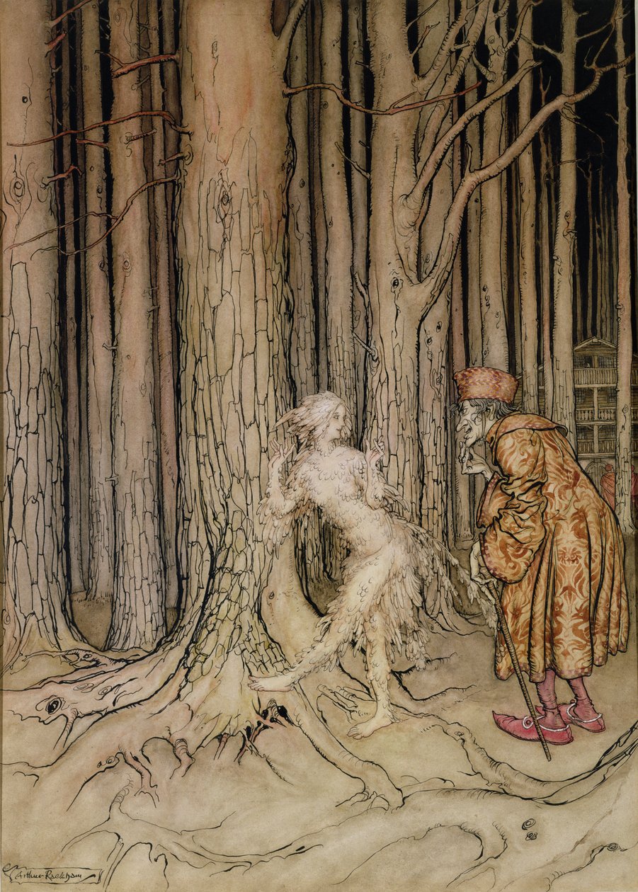 最后，她遇到了正在慢慢回来的新郎，1917年格林兄弟的小弟弟，小妹妹的Fitchers Bird的插图（wc和笔和墨水在纸上）（另见28797） 作者 亚瑟·拉克汉姆（Arthur Rackham）