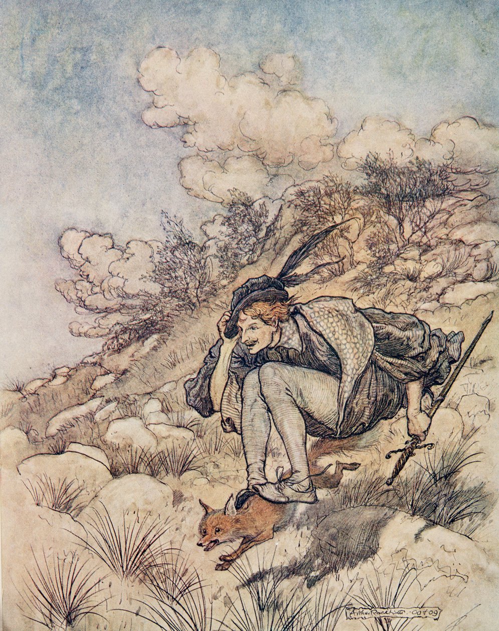 他们飞过了股票和石头，以他的头发在风中吹着口哨，来自格林兄弟的童话故事吧。 1909年 作者 亚瑟·拉克汉姆（Arthur Rackham）