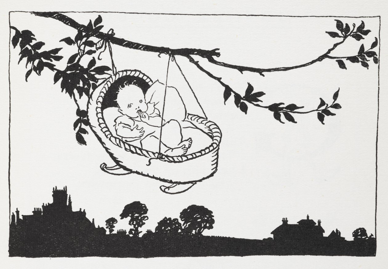 婴儿躺在挂在树枝上的婴儿床上。 作者 亚瑟·拉克汉姆（Arthur Rackham）