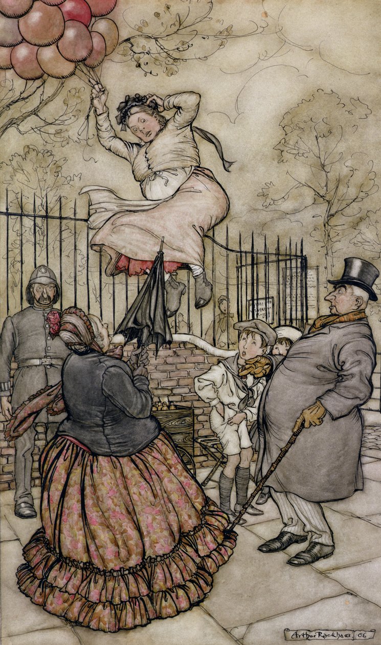 气球，来自肯辛顿花园的彼得潘的插图，由JM Barrie出版，1906年出版（笔和墨水在纸上） 作者 亚瑟·拉克汉姆（Arthur Rackham）