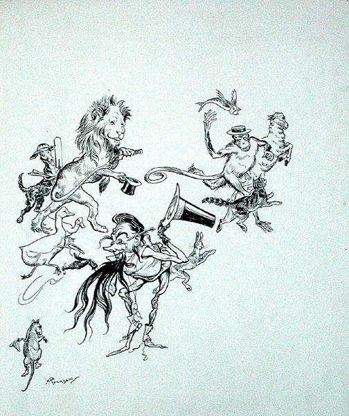 鸟儿、野兽和鱼儿在混乱的人群中匆匆走过"，插图来自《Zankiwank和Bletherwitch》，作者S.J. Adair Fitzgerald，1896年出版（纸上笔墨）。 作者 亚瑟·拉克汉姆（Arthur Rackham）