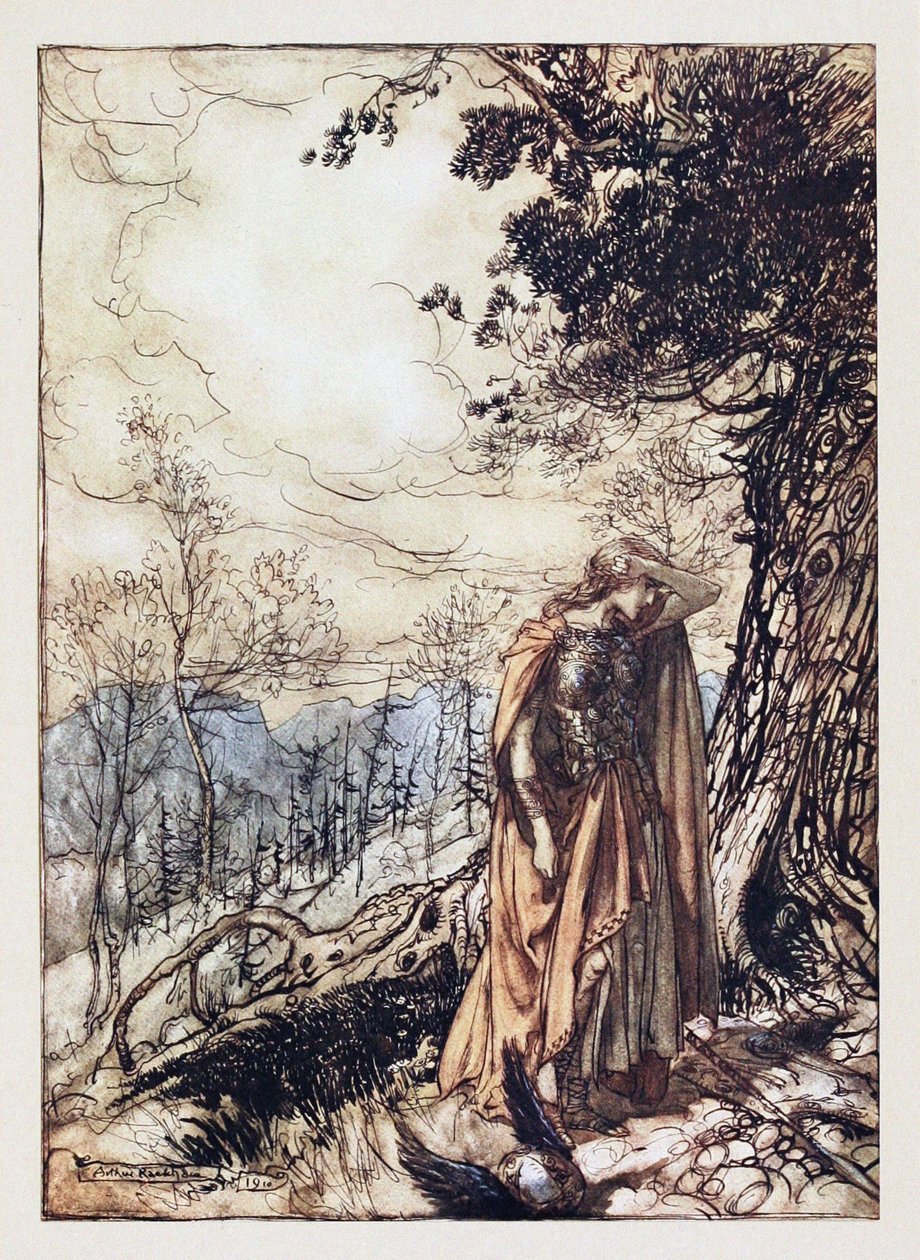 布伦希尔德。理查德·瓦格纳（Richard Wagner）的《莱茵金和女武神》插图，1910年 作者 亚瑟·拉克汉姆（Arthur Rackham）