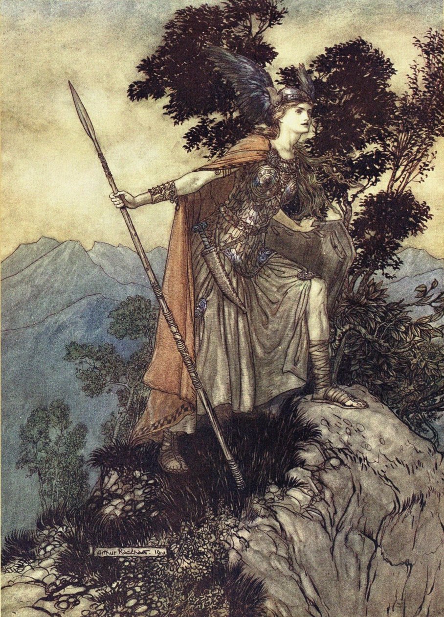 布伦希尔德。理查德·瓦格纳（Richard Wagner）的《莱茵金和女武神》插图，1910年 作者 亚瑟·拉克汉姆（Arthur Rackham）