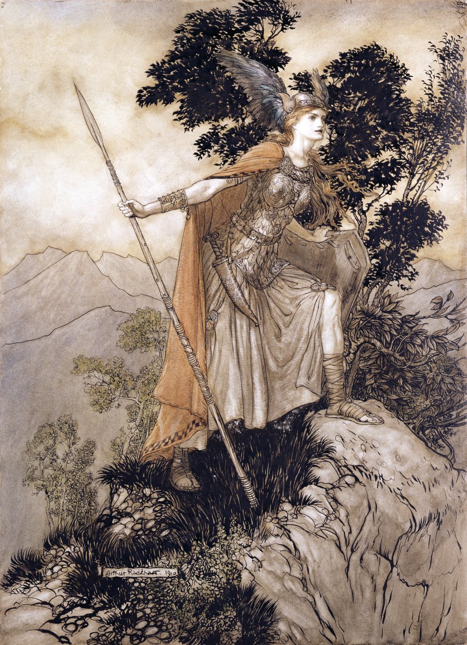 Brunhilde，来自The Rhinegold和Valkyrie的插图作者Richard Wagner，1910年（笔和墨水，纸上写着wc） 作者 亚瑟·拉克汉姆（Arthur Rackham）