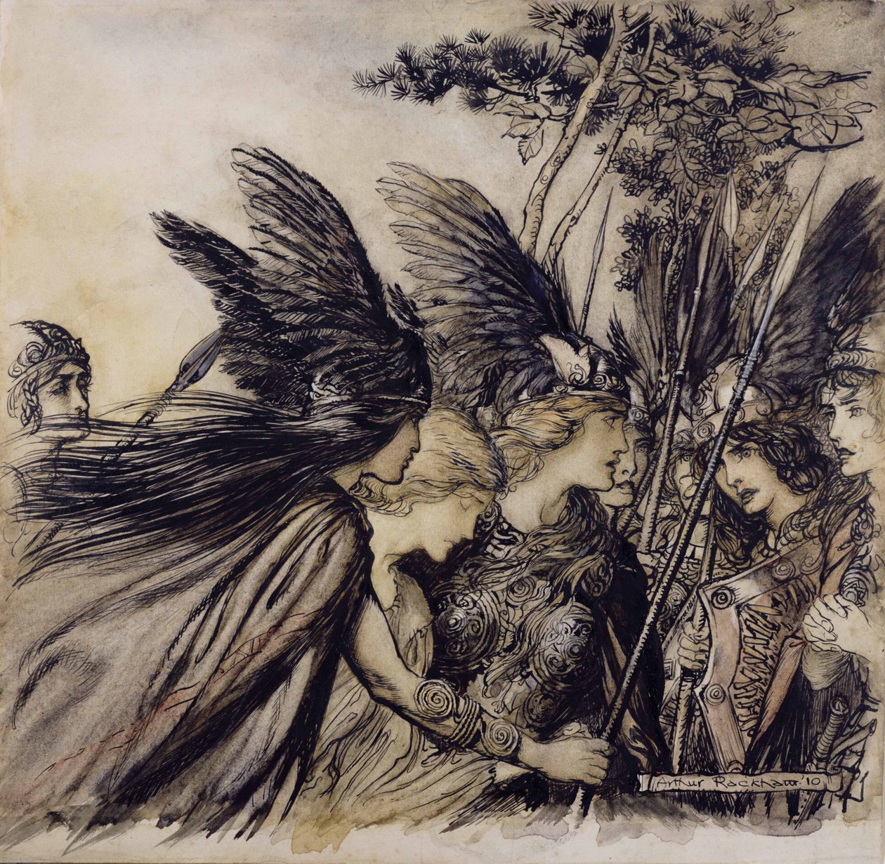 Brunnhilde从The Rhinegold和Valkyrie的插图中看到了Valkyries，图片由理查德瓦格纳（Richard Wagner）出版，1910年出版（纸笔，墨水和纸张） 作者 亚瑟·拉克汉姆（Arthur Rackham）