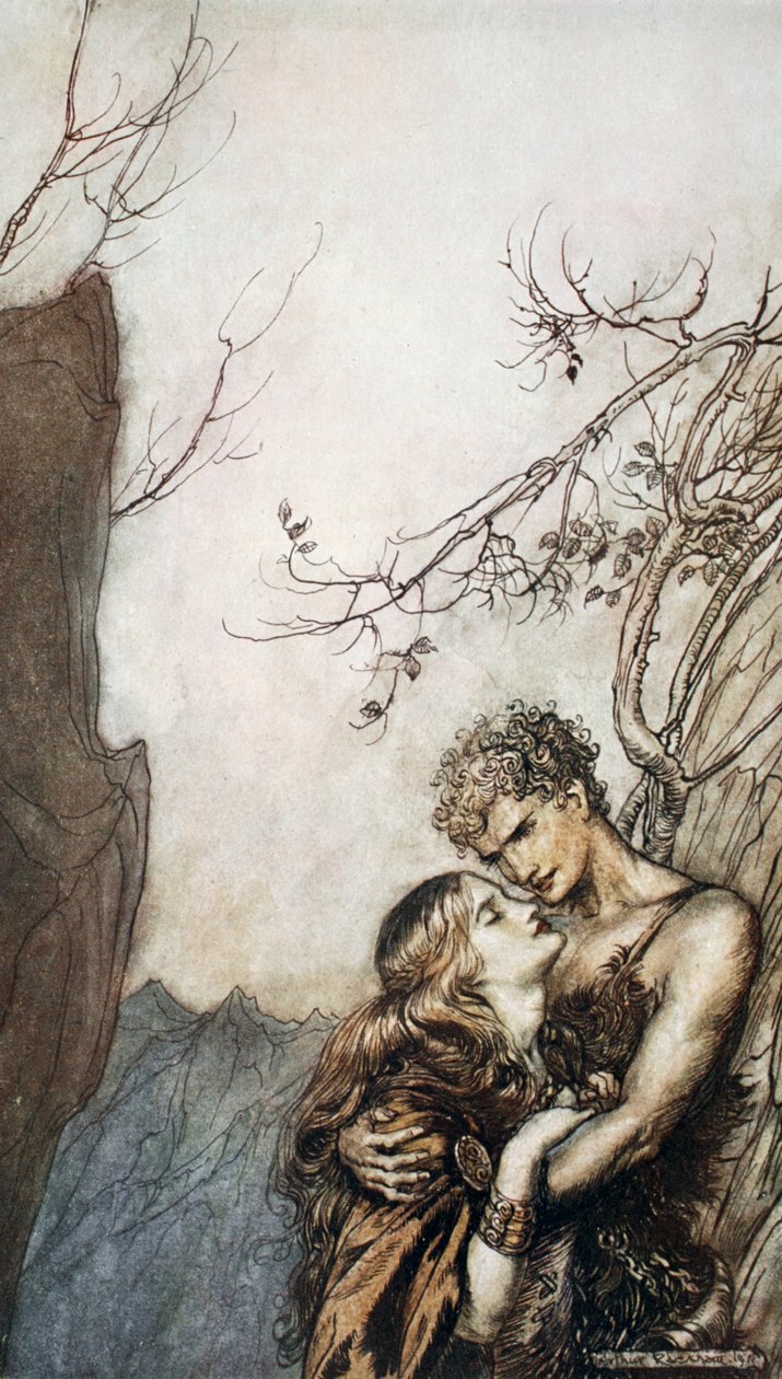 布伦希尔德投向齐格弗里德的怀抱》，1924年。   作者 亚瑟·拉克汉姆（Arthur Rackham）