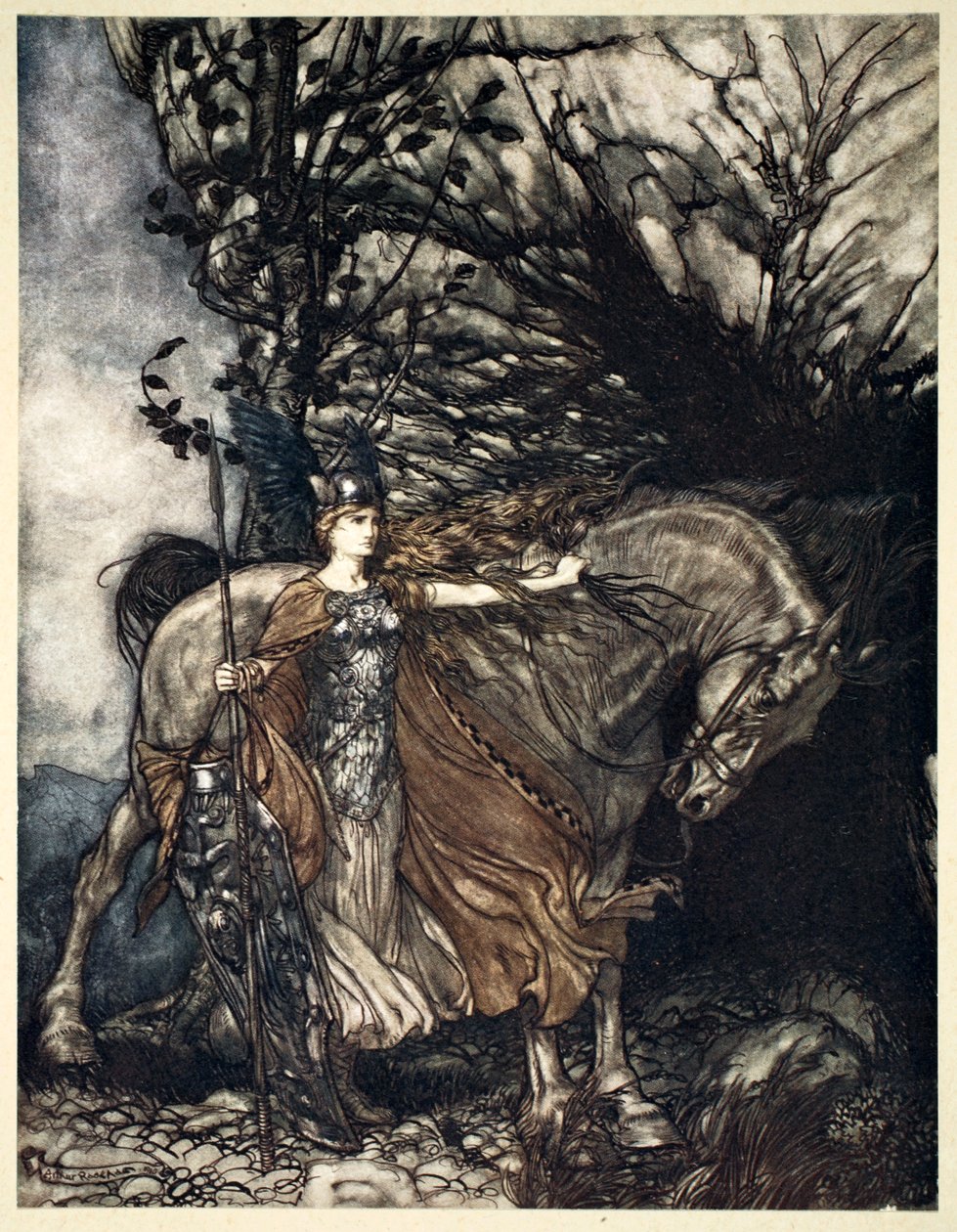 布伦希尔德与她的马在洞口》，1910年。   作者 亚瑟·拉克汉姆（Arthur Rackham）