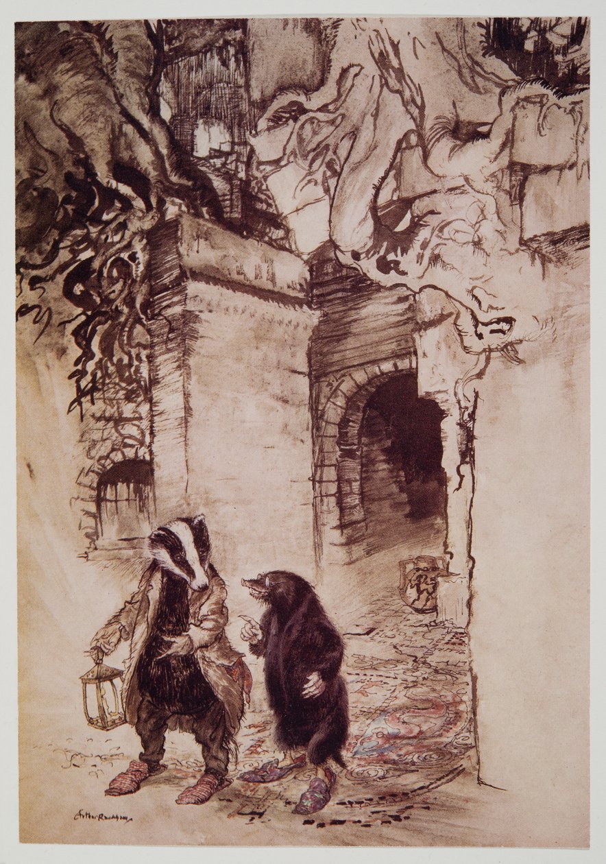 穿过大厅，他们从威尼斯格拉哈姆（Kenneth Grahame，1859  -  1932年）的酒吧里传来一条主要的隧道。 1940年 作者 亚瑟·拉克汉姆（Arthur Rackham）