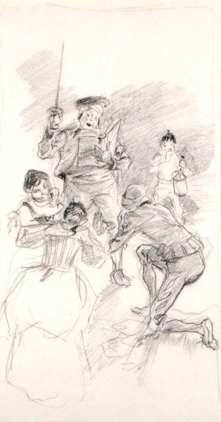 堂吉诃德低头弯腰（纸上铅笔 作者 亚瑟·拉克汉姆（Arthur Rackham）