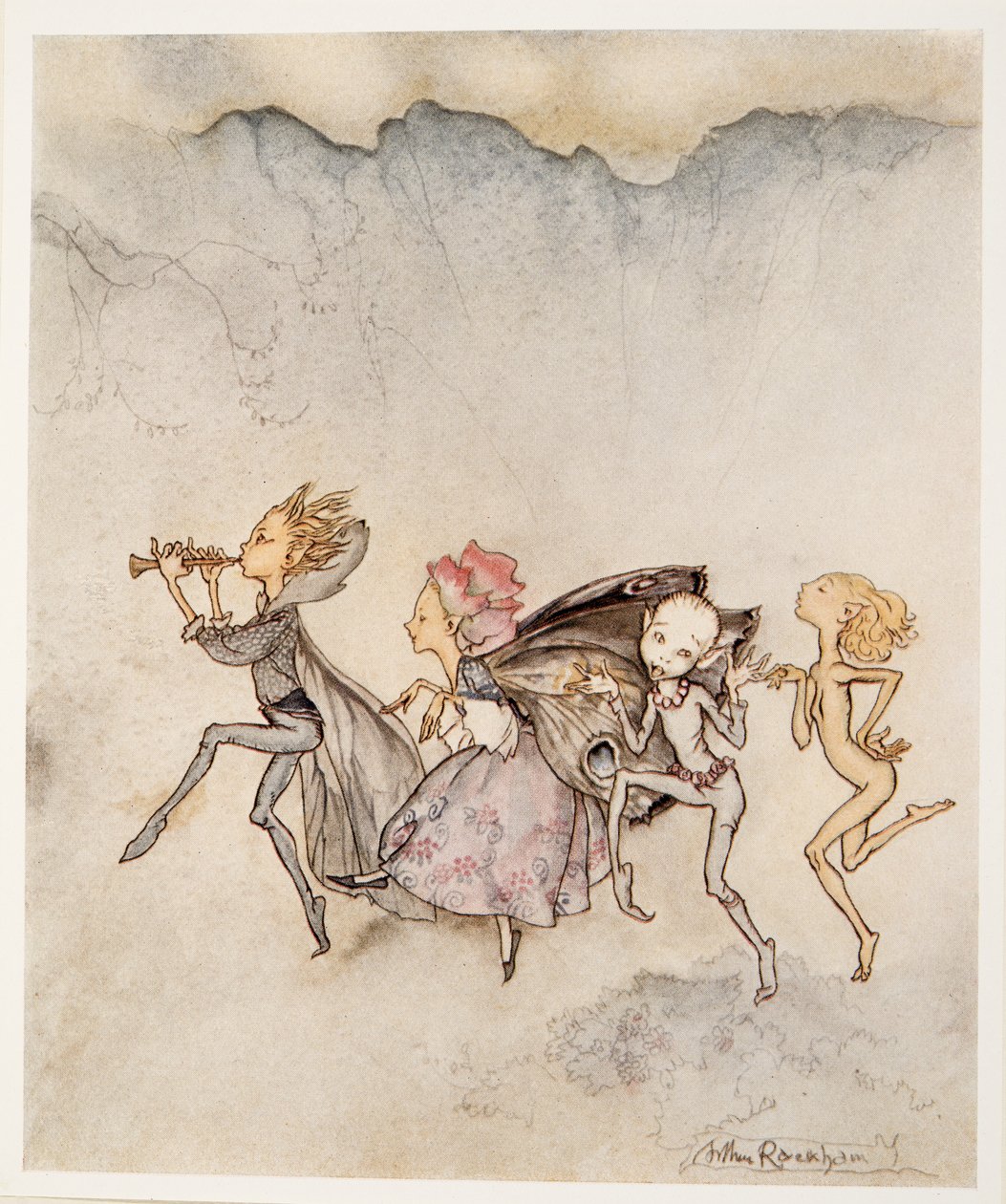 每个人都踩着他的脚趾，将在这里用拖把和割草，来自William Shakespeares The Tempest，pub的插图。 1926年 作者 亚瑟·拉克汉姆（Arthur Rackham）