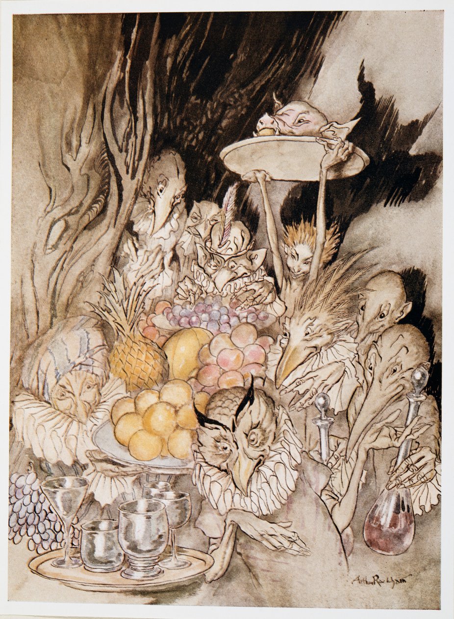 进入一些奇怪的形状，带来一个banquest？。邀请国王等吃，来自William Shakespeares The Tempest，pub的插图。 1926年 作者 亚瑟·拉克汉姆（Arthur Rackham）