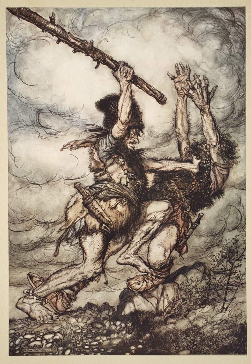 Fafner杀死了Fasolt，1910年来自&39;The Rhinegold and the Valkyrie&39;的插图 作者 亚瑟·拉克汉姆（Arthur Rackham）