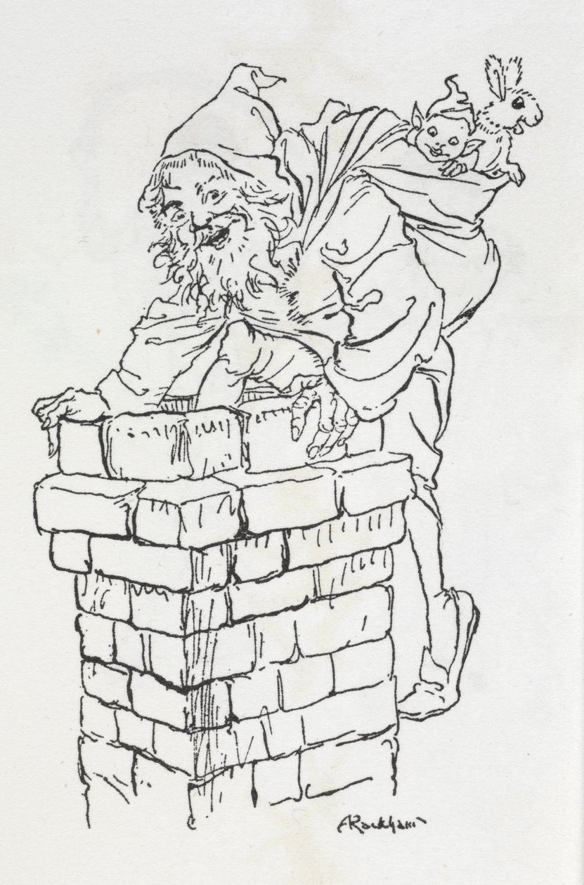圣诞老人带着礼物爬进烟囱 作者 亚瑟·拉克汉姆（Arthur Rackham）