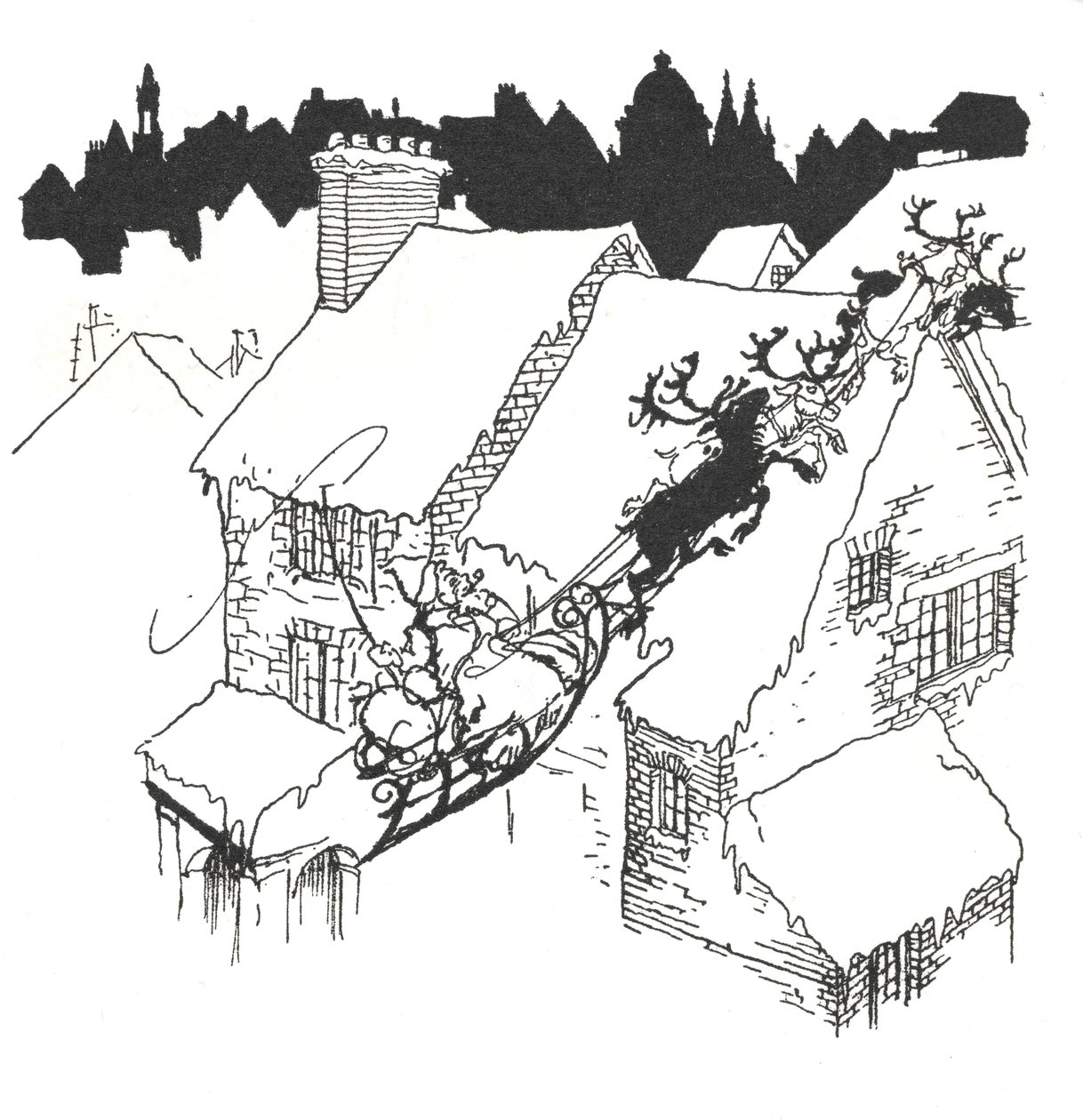 圣诞老人驾着雪橇飞越雪白的屋顶 作者 亚瑟·拉克汉姆（Arthur Rackham）
