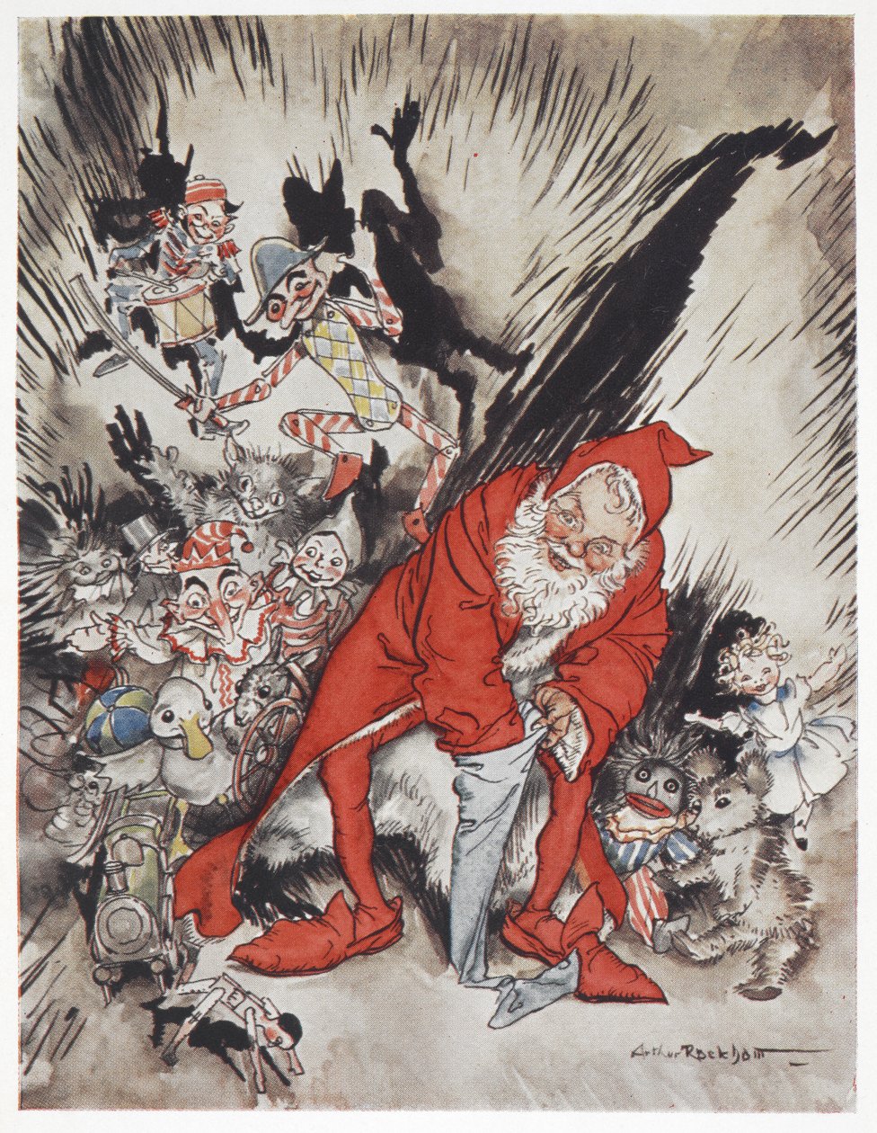 被礼物包围的圣诞老人 作者 亚瑟·拉克汉姆（Arthur Rackham）