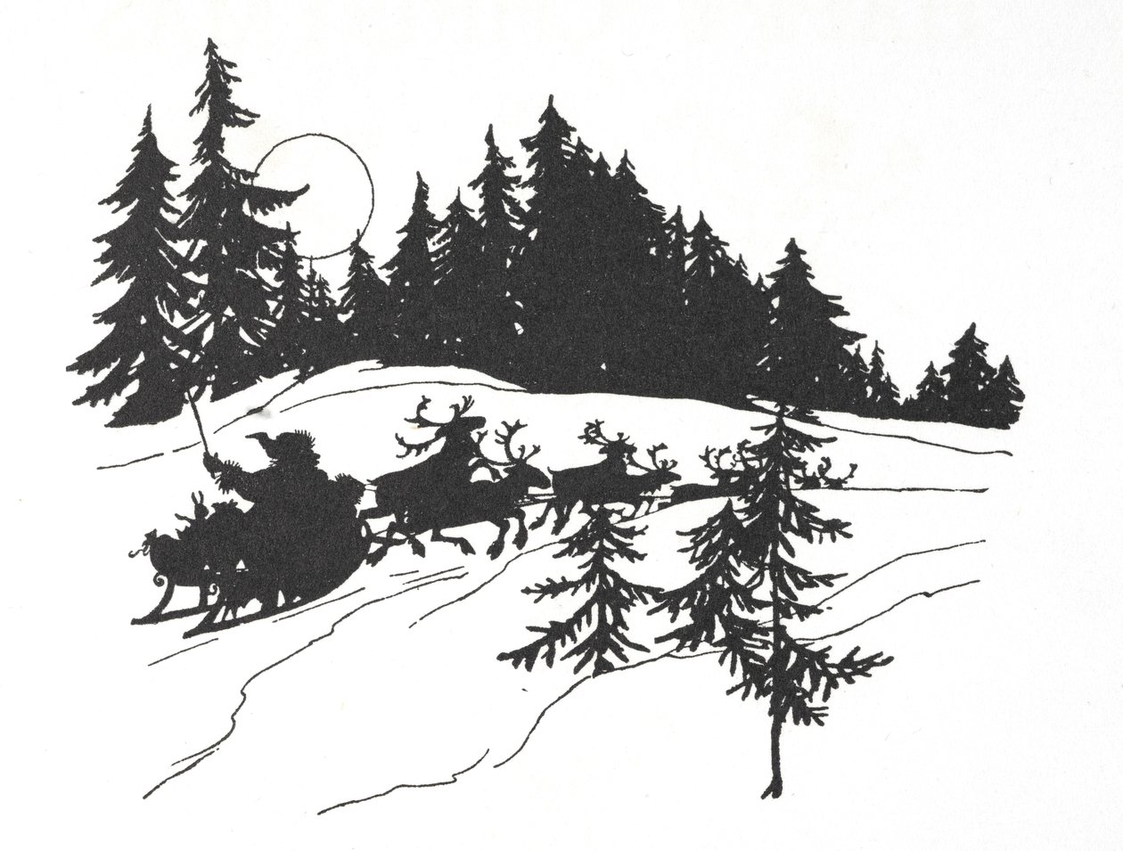 圣诞老人乘着雪橇穿越雪林 作者 亚瑟·拉克汉姆（Arthur Rackham）