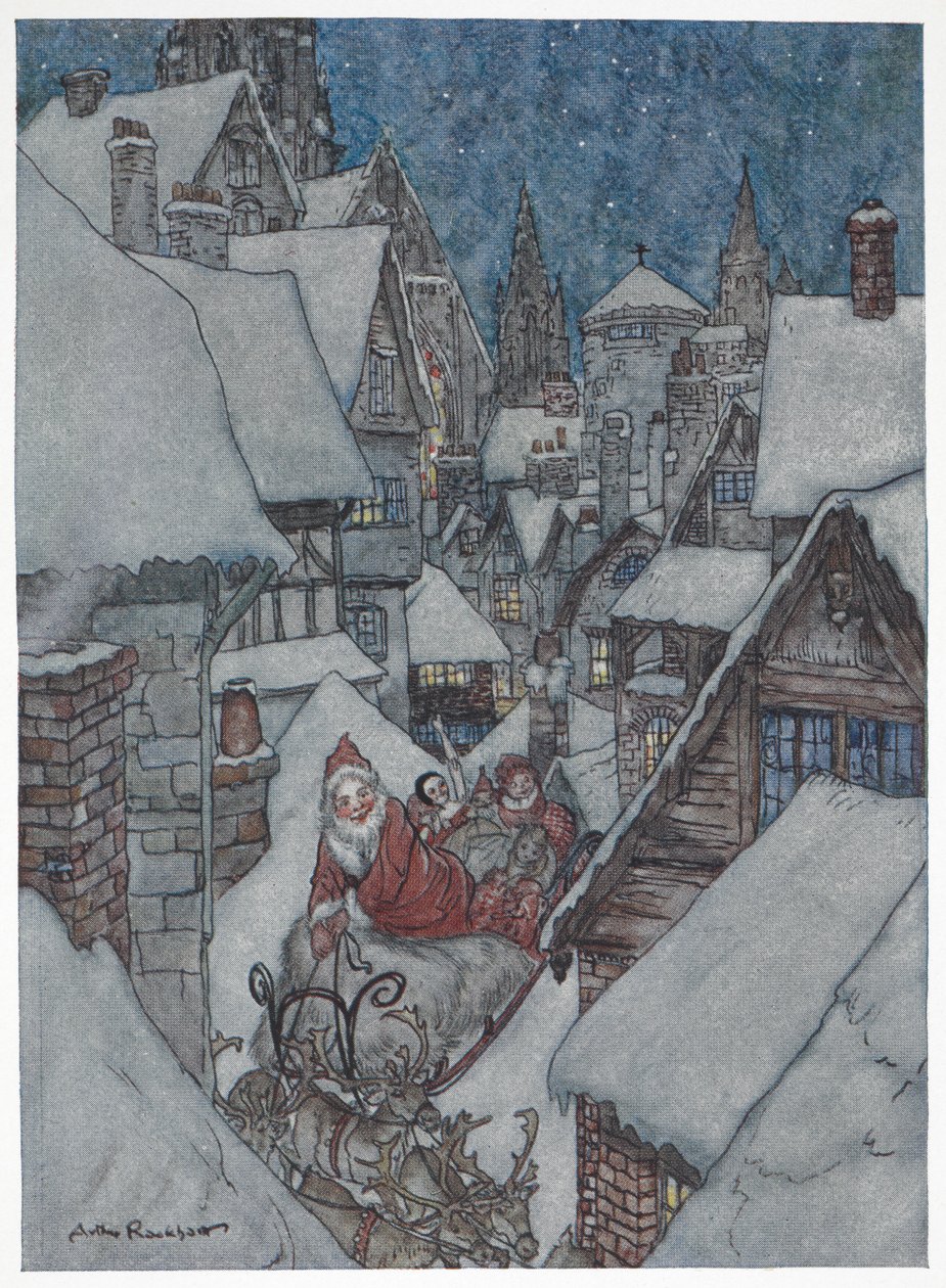 圣诞老人乘坐雪橇穿越白雪皑皑的街道 作者 亚瑟·拉克汉姆（Arthur Rackham）