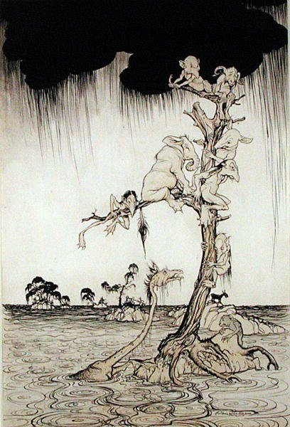 洪水（纸上钢笔、墨水和水彩） 作者 亚瑟·拉克汉姆（Arthur Rackham）