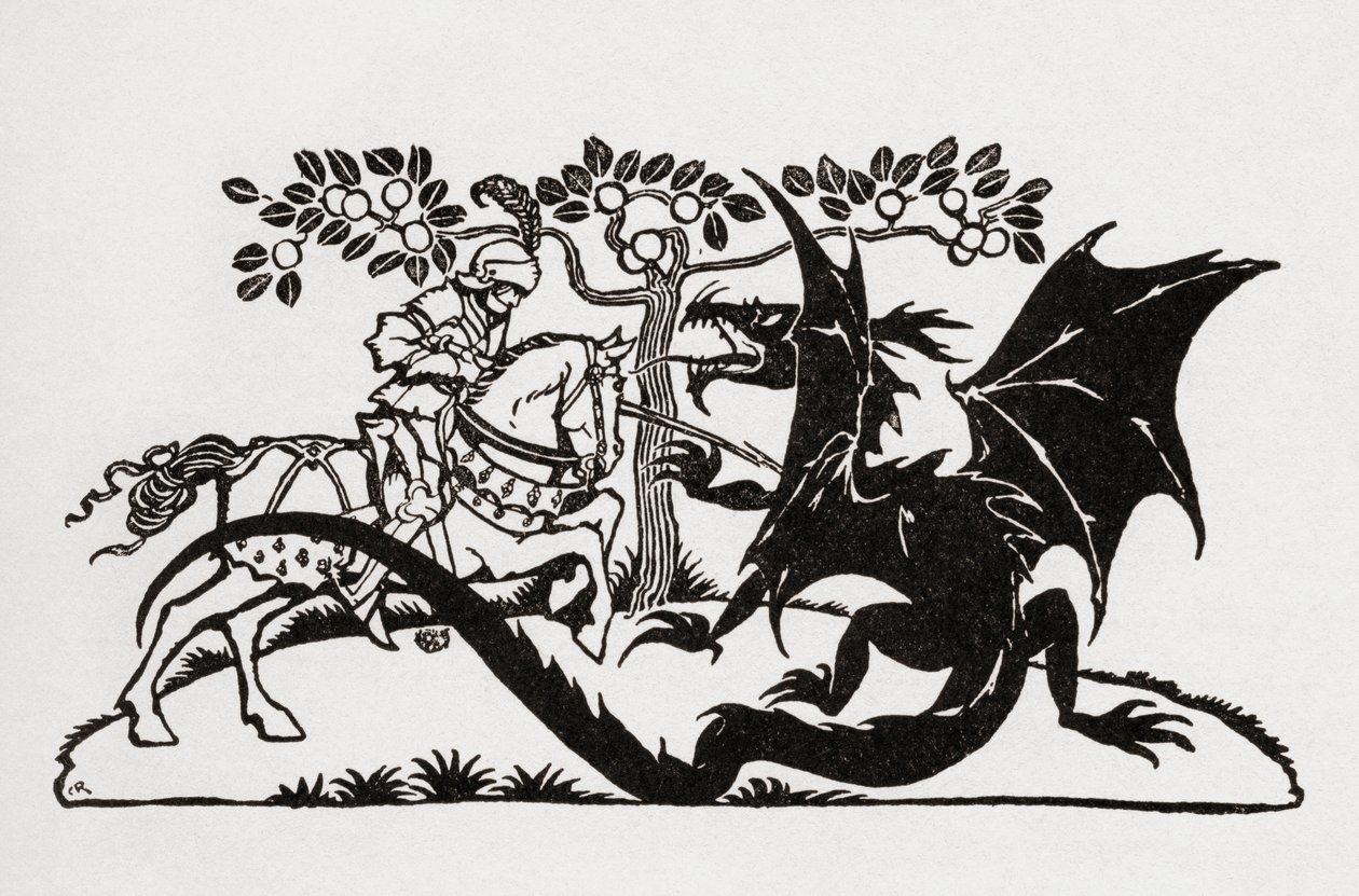 乔治和龙选自 F.A. Steel 重述的《英国童话》一书，由 Arthur Rackham 绘制插图，1927 年出版。 作者 亚瑟·拉克汉姆（Arthur Rackham）