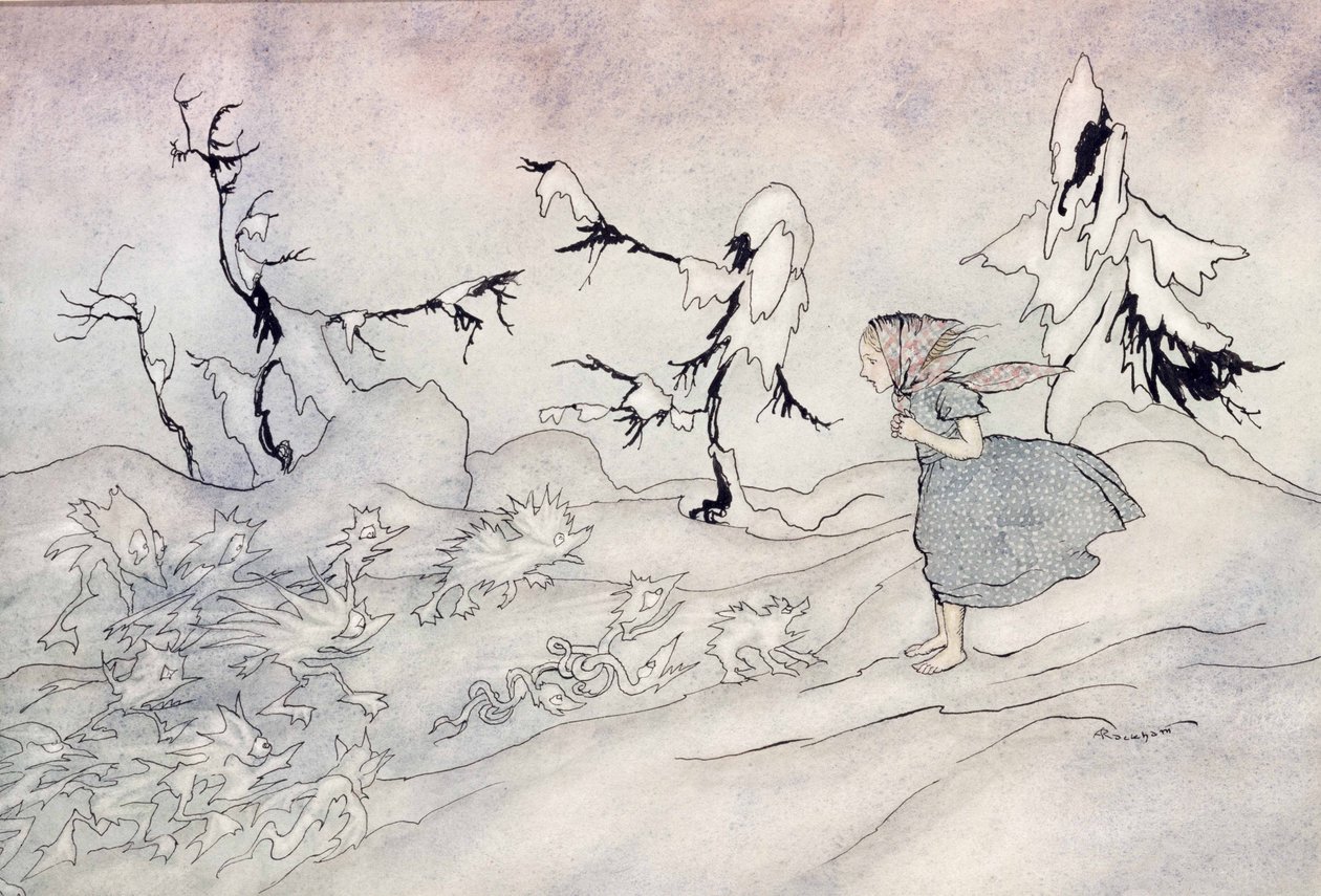 格尔达被雪皇后卫吓坏了，但她说我们的父亲并被小天使拯救，1932年出版的汉斯·克里斯蒂安·安徒生的“雪之女王”插图（wc＆i 作者 亚瑟·拉克汉姆（Arthur Rackham）