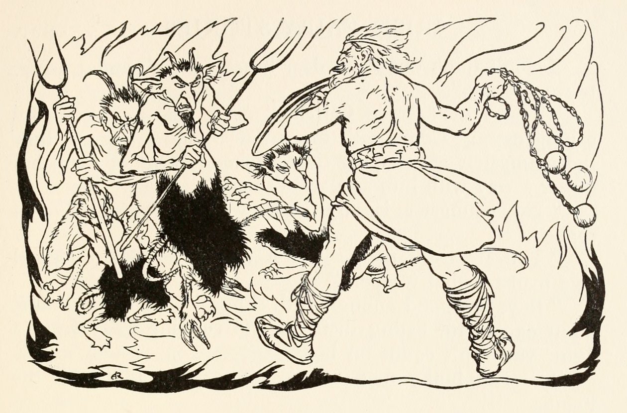 Goll mac Morna在爱尔兰童话故事中抨击来自The Little Brawl的Fionn和Fianna-Finn 作者 亚瑟·拉克汉姆（Arthur Rackham）