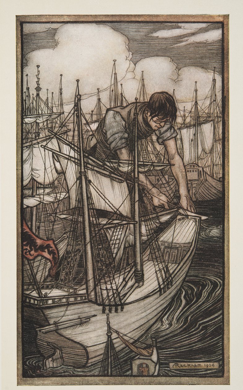 格列佛抓住了Enemys Fleet，来自Gullivers Travels的Jonathon Swift（1667  -  1745），酒吧。 1909年 作者 亚瑟·拉克汉姆（Arthur Rackham）