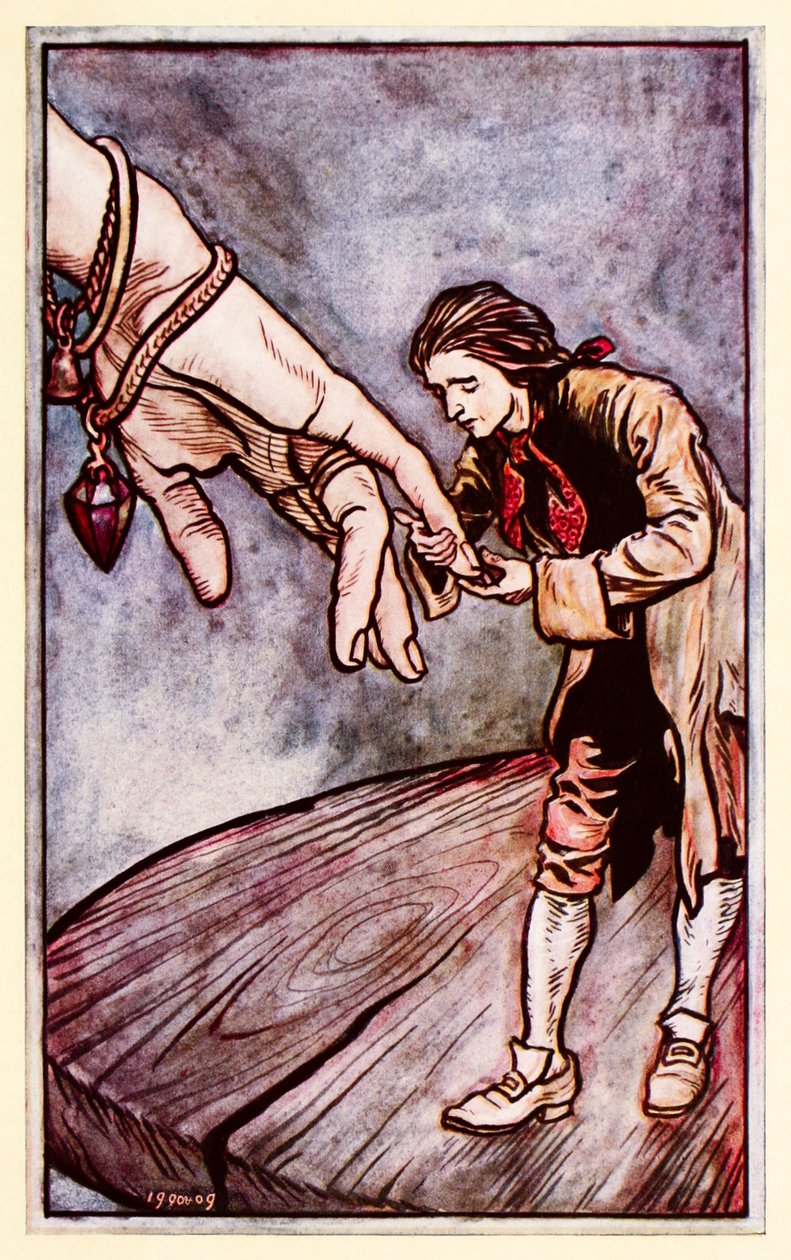 格列佛亲吻第二部分的Brobdingnagias手中的女王：Gullivers旅行中的Brobdingnag之旅由Jonathan Swift 作者 亚瑟·拉克汉姆（Arthur Rackham）