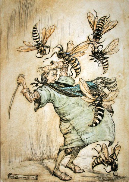 格列佛与黄蜂的战斗 作者 亚瑟·拉克汉姆（Arthur Rackham）