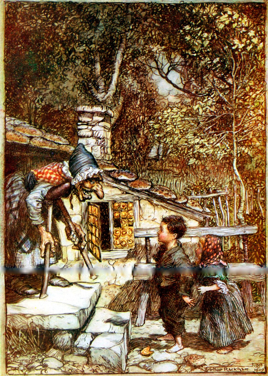 汉塞尔和格雷特尔与女巫在她家门口 作者 亚瑟·拉克汉姆（Arthur Rackham）