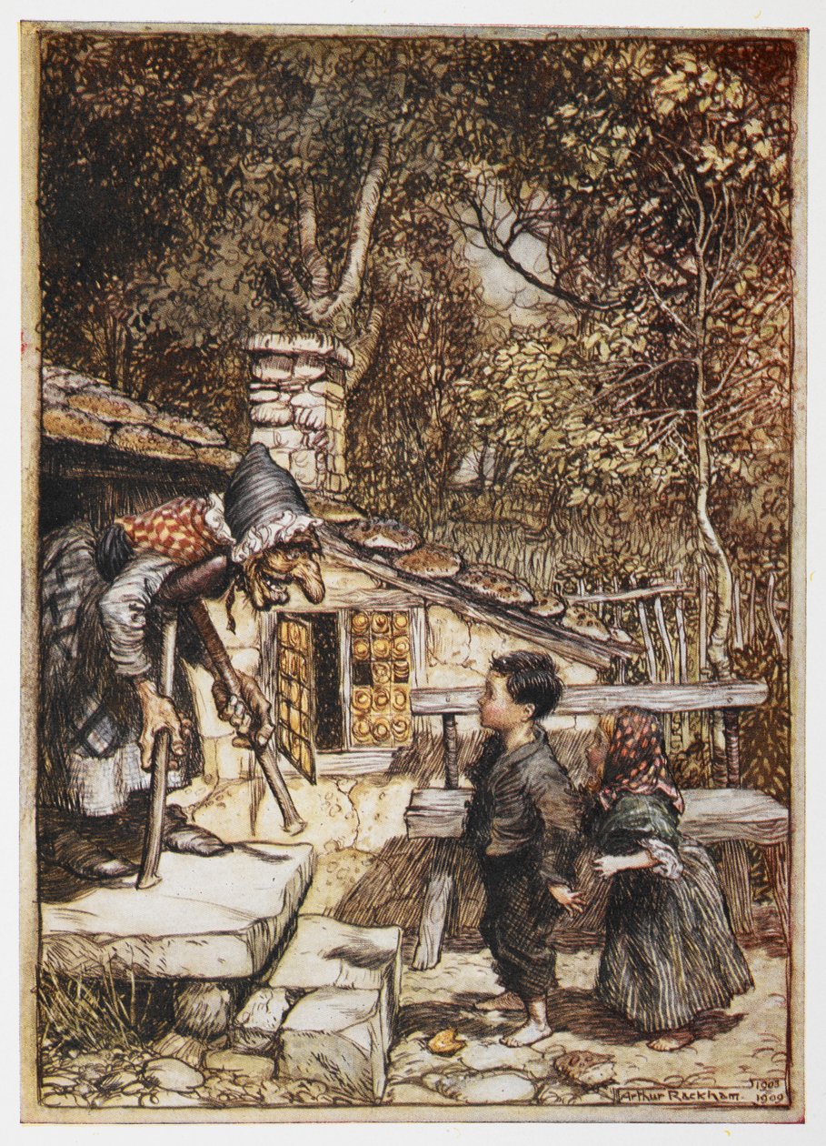 汉塞尔和格蕾特在老妇人的家里。 作者 亚瑟·拉克汉姆（Arthur Rackham）