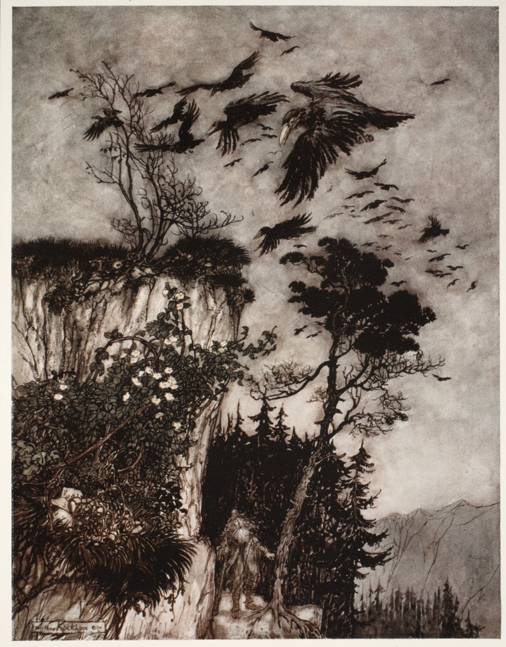 他只是被一群闲散的乌鸦回答，来自华盛顿欧文酒吧的Rip Van Winkle。 1910 作者 亚瑟·拉克汉姆（Arthur Rackham）