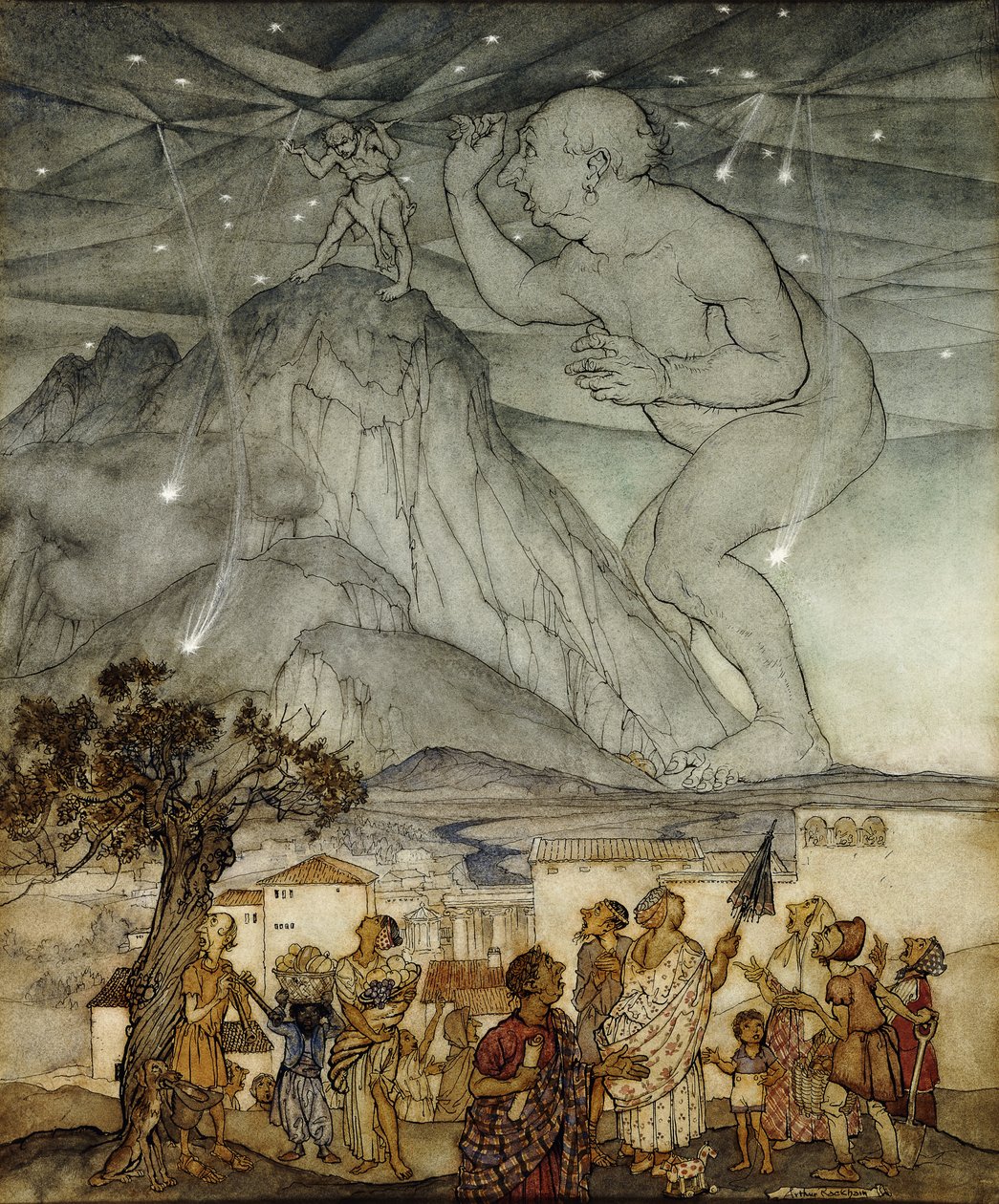 大力神支持天空而不是阿特拉斯地图集，1922年 作者 亚瑟·拉克汉姆（Arthur Rackham）