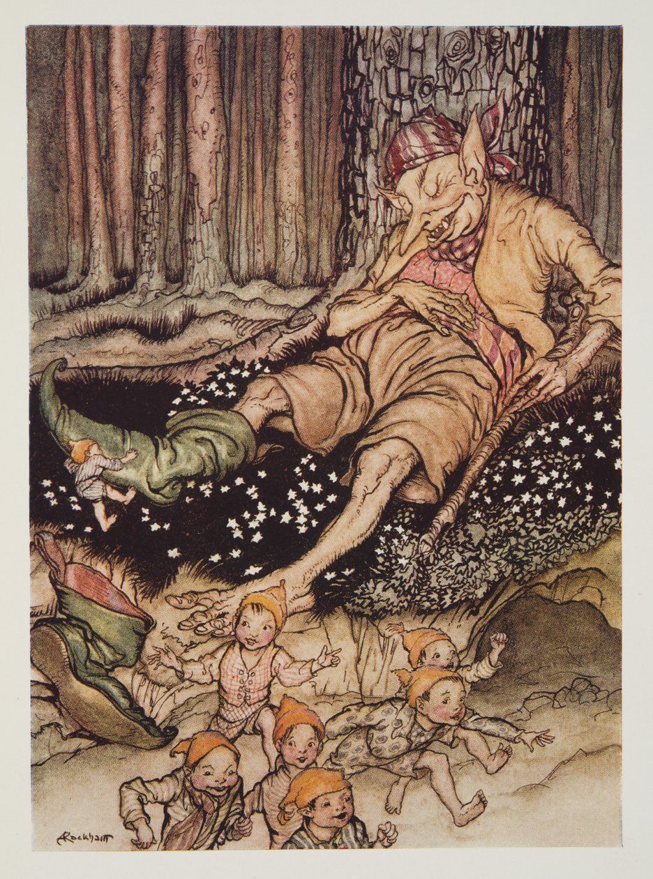 Hop-o-my-thumb轻轻地走到食人魔身上，从The Arthur Rackham Fairy Book，pub中脱下他的七匹联盟靴子。 1933年 作者 亚瑟·拉克汉姆（Arthur Rackham）