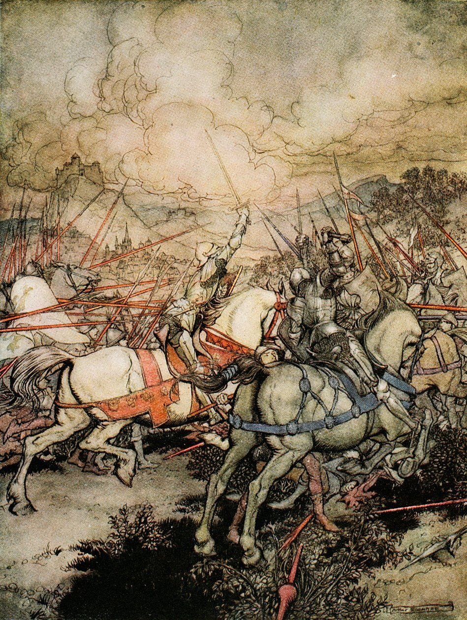 1910年阿尔弗雷德·W·波拉德（Alfred W. Pollard）的“亚瑟王的浪漫与他的圆桌骑士”中的插图，第一次是亚瑟如何拔出他的剑，神剑 作者 亚瑟·拉克汉姆（Arthur Rackham）