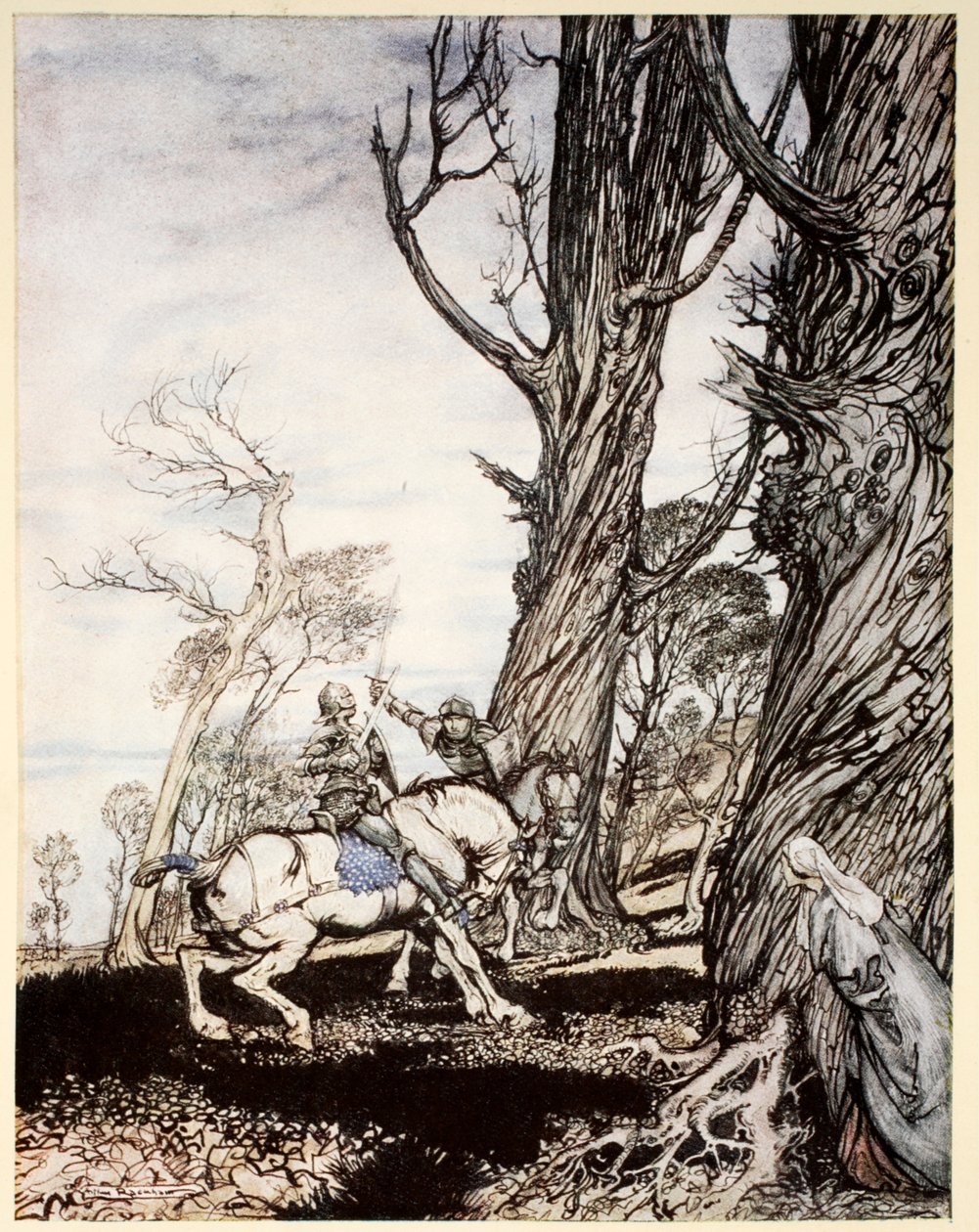 朗塞洛爵士如何杀死骑士Sir Peris de Forest Savage，让女士，女士们和女士们感到苦恼，来自“亚瑟王的浪漫和他的圆桌骑士”的插图 作者 亚瑟·拉克汉姆（Arthur Rackham）