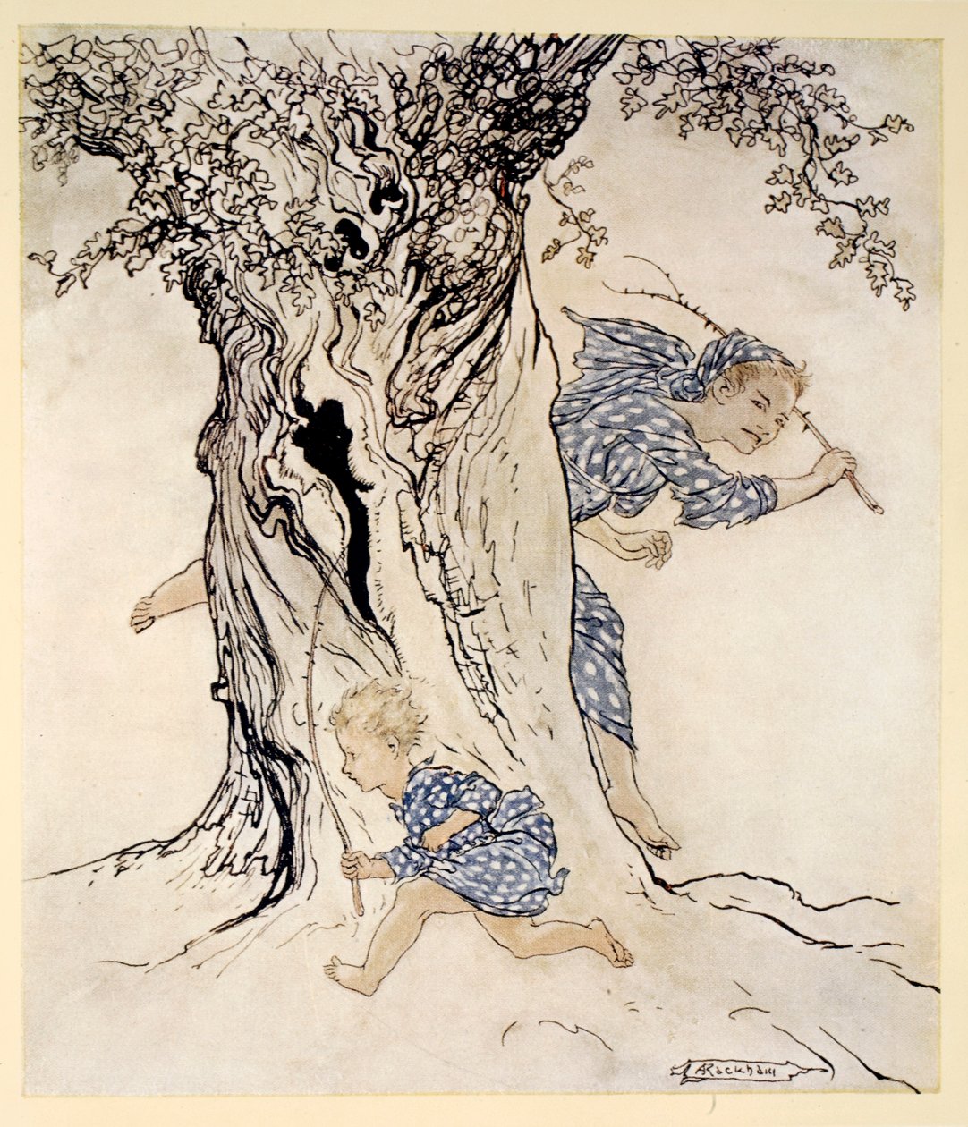 1920年，James Stephens撰写的“爱尔兰童话故事”中的插图让他紧张和气喘吁吁地抓住那个追求的人并追求她并让自己接受行动。 作者 亚瑟·拉克汉姆（Arthur Rackham）