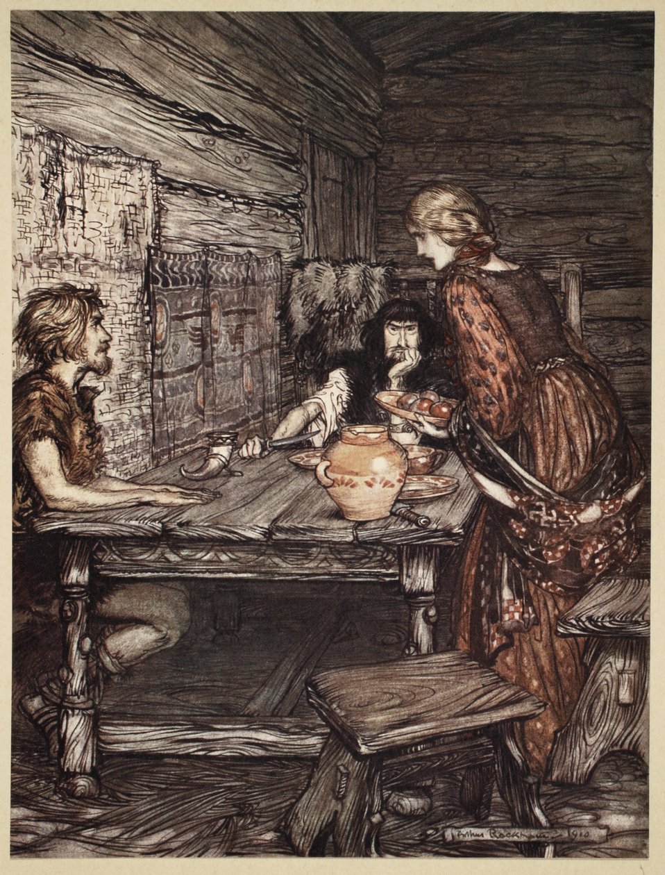 Hunding发现了Siegmund和Sieglunde之间的相似之处，来自&39;The Rhinegold and the Valkyrie&39;，1910年的插图 作者 亚瑟·拉克汉姆（Arthur Rackham）
