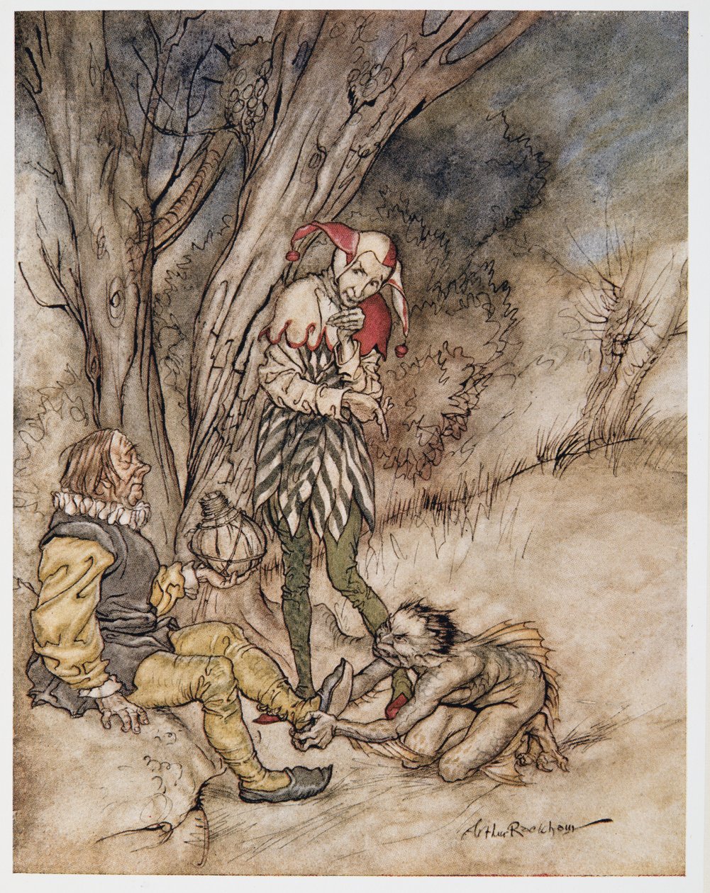 生病的吻他们脚：我发誓自己是你的主题，来自William Shakespeares The Tempest，pub的插图。 1926年 作者 亚瑟·拉克汉姆（Arthur Rackham）