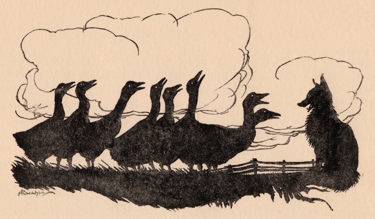 亚瑟·拉克姆 (Arthur Rackham) 为格林童话《狐狸与鹅》绘制的插图。 作者 亚瑟·拉克汉姆（Arthur Rackham）
