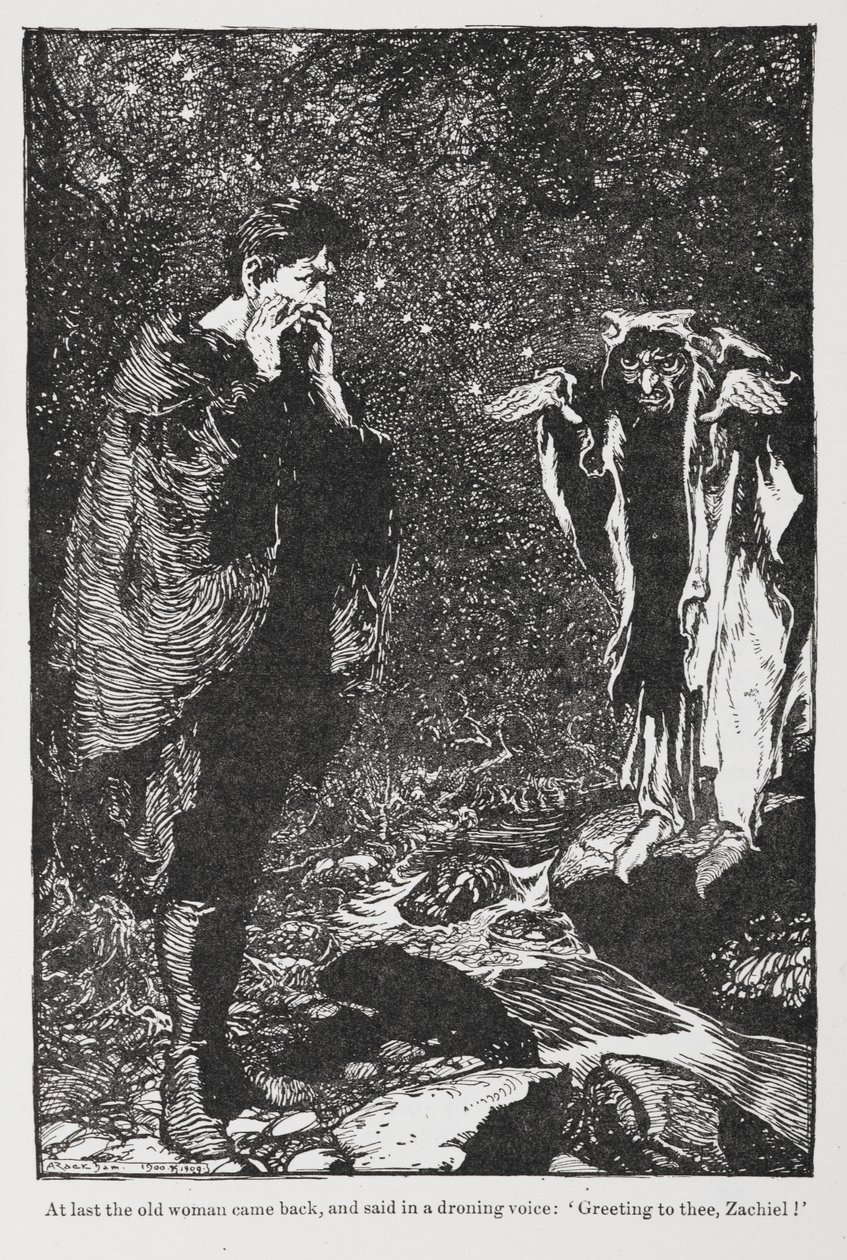 来自 Jorinda 和 Joringel 的 Zachiel 和老妇人的插图。 作者 亚瑟·拉克汉姆（Arthur Rackham）