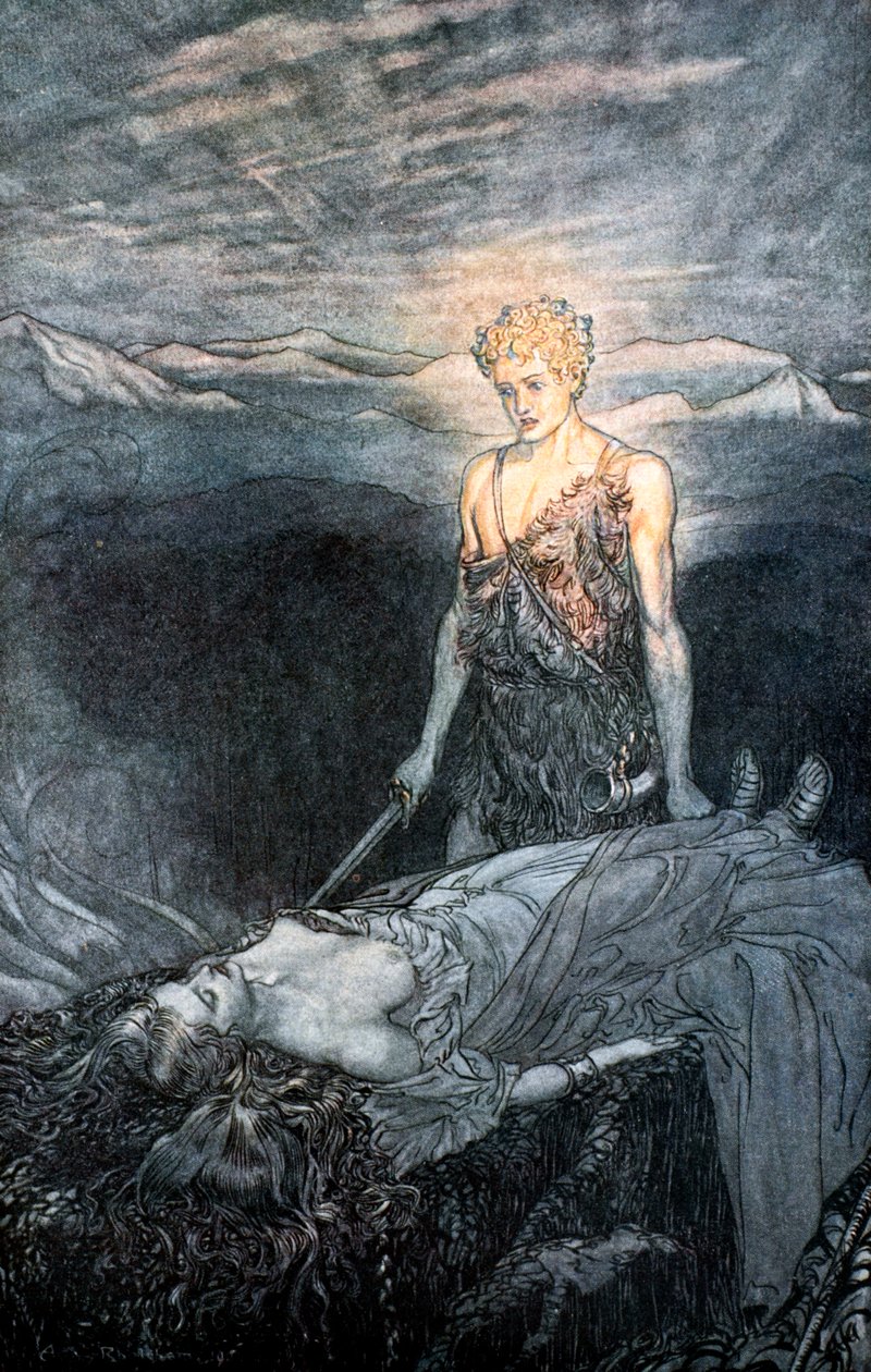 来自《齐格弗里德与诸神的黄昏》的插图，1924年。   作者 亚瑟·拉克汉姆（Arthur Rackham）