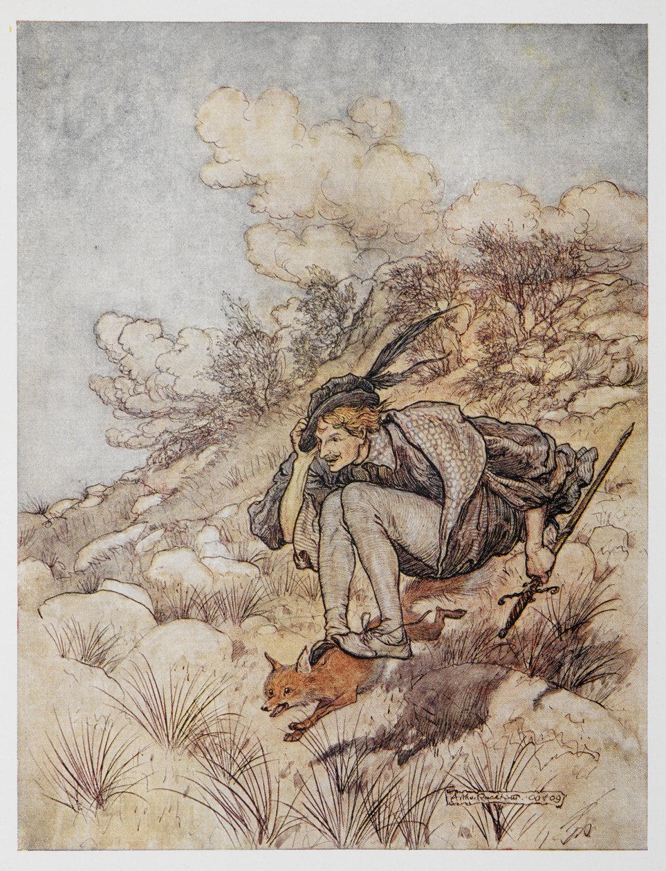 金鸟》中的插图。王子骑在狐狸上。 作者 亚瑟·拉克汉姆（Arthur Rackham）