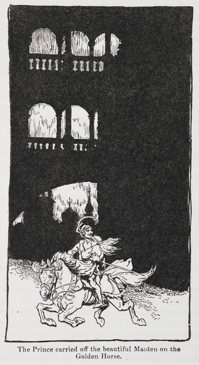 金鸟》中王子骑马带走少女时的插图。 作者 亚瑟·拉克汉姆（Arthur Rackham）