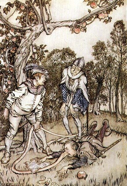 格林兄弟童话》中 "鼻子树 "的插图 作者 亚瑟·拉克汉姆（Arthur Rackham）