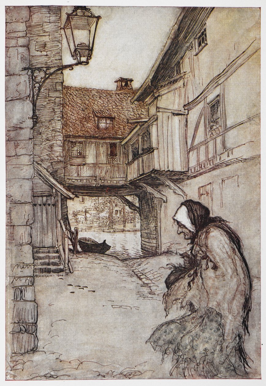 稻草、煤炭和豆子》中的插图。 作者 亚瑟·拉克汉姆（Arthur Rackham）