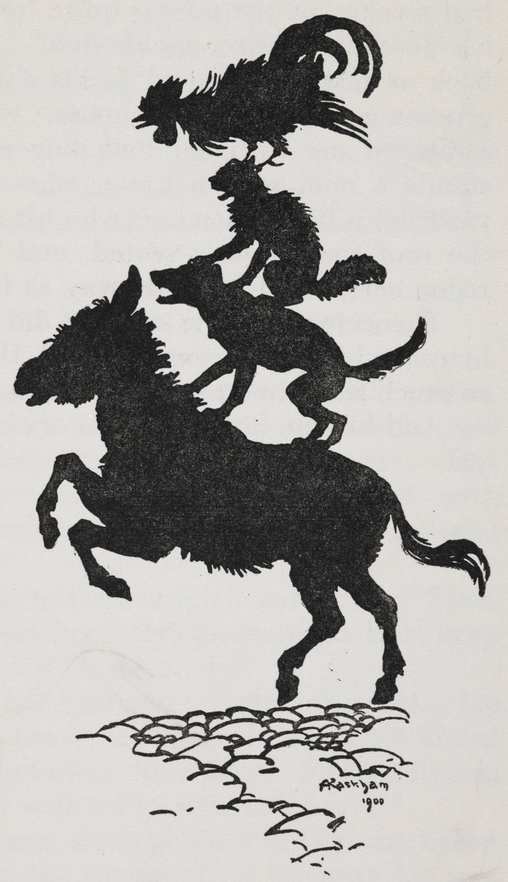不来梅市音乐家的插图：驴、狗、猫和公鸡。 作者 亚瑟·拉克汉姆（Arthur Rackham）